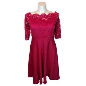 Women Red 1/2 Sleeve Dress with Lace